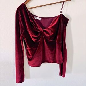 Elodie Deep Burgundy Maroon Velvet Long Sleeve‎ Off the Shoulder Blouse XL